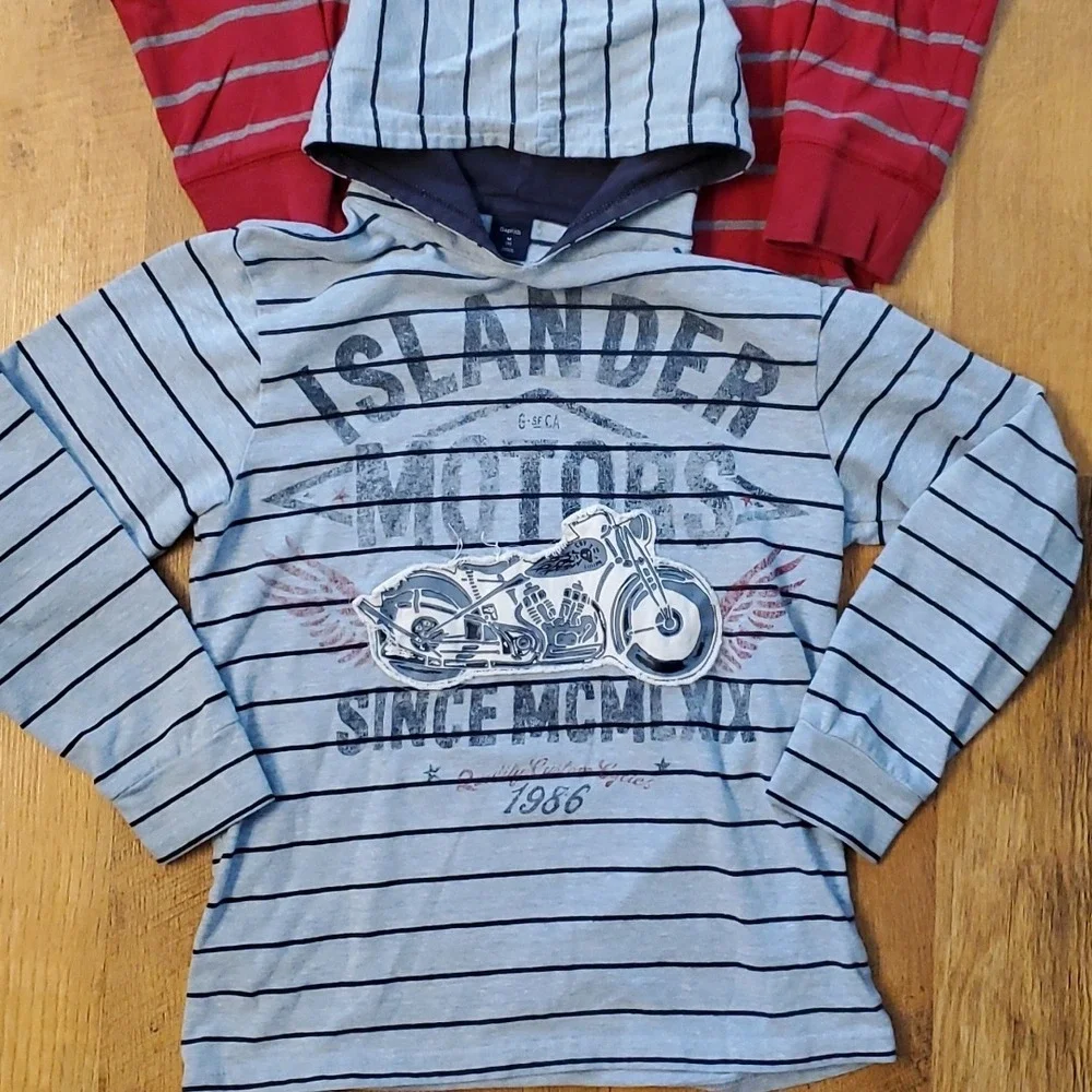 2 Boys Long Sleeve Size 8 Striped Shirts - GAP Island Moto Hoodie & Cherokee Red